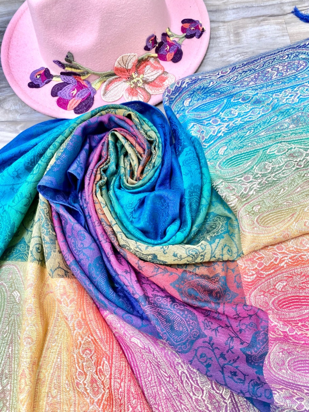 Rainbow Cashmere pashmina boho scarf/body wrap w hippy Gypsy resort vacay vibe